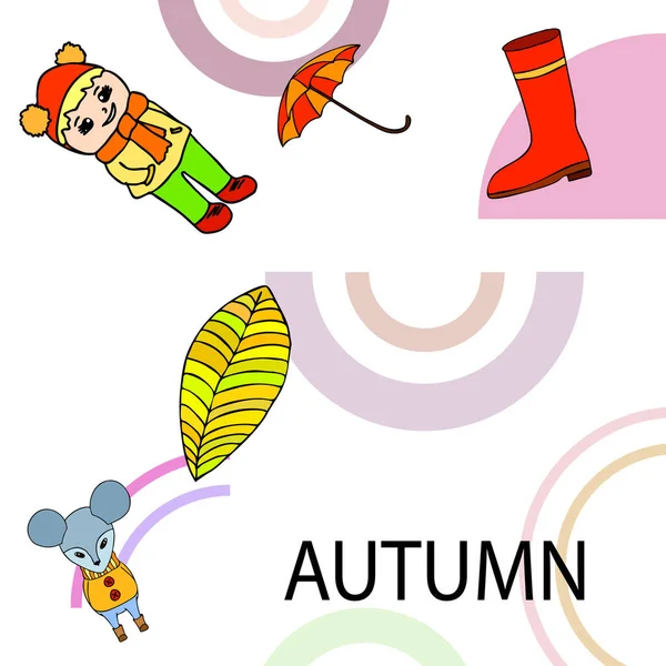 Paraguas Ratón Chica Botas Hoja Otoño Sobre Fondo Colorido — Vector de stock