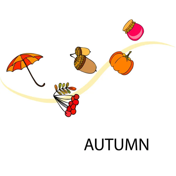 Umbrella Pumpkin Acorns Jam Isolated White Background — Stock Vector