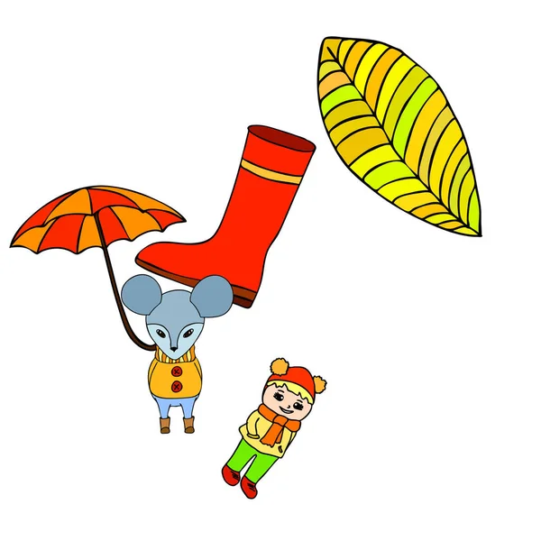Regenschirm Maus Mädchen Stiefel Herbstblatt Auf Buntem Hintergrund — Stockvektor