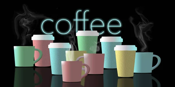 Coffee, cups of coffee are the subject of this illustration. Coffee cups are lined up and in pastel colors as they are reflected in the black foreground.