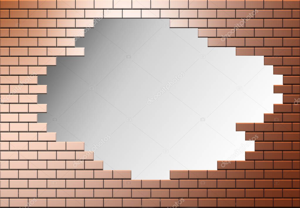 A copper colored brick wall has a hole in it allowing escape to another area, world, life or whatever is needed. This is an illustration.