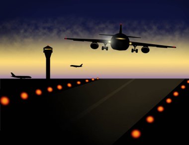 Hava trafiği Havaalanı çevresinde uçak ve kontrol kulesi ile görüntü bu alacakaranlıkta gösterilmektedir. Bu bir örnektir.