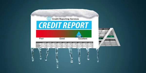 An icy, snow covered credit report in a snowstorm illustrates the idea of freezing your credit report. This is a credit freeze and is an illustration.