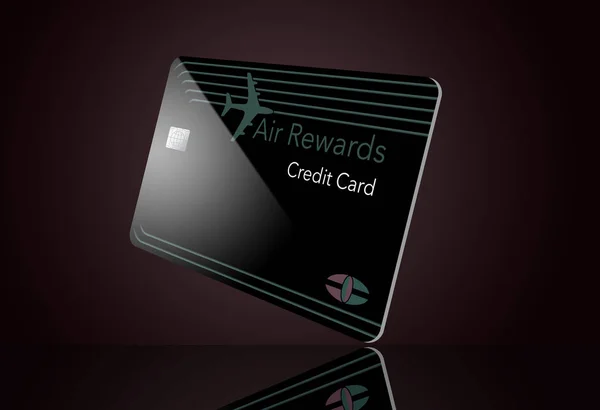 Here is a modern design on a air miles rewards credit card. It shows the card close up with a plane landing in the distance behind the card. This is an illustration.