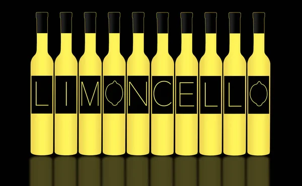 Limoncello Şişe Limoncello Parlak Sarı Koyu Arka Plan Üzerinde Etiketlere — Stok fotoğraf