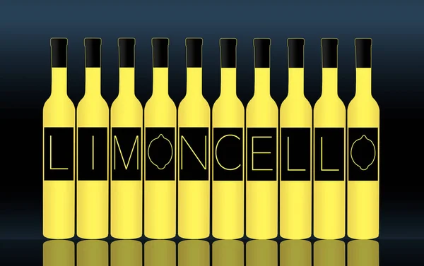 Limoncello Megfogalmazta Címkéken Limoncello Világos Sárga Üveg Sötét Háttér Előtt — Stock Fotó