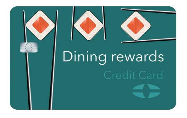 Here is a dining rewards  credit card featuring sushi and chopsticks in the card design. It is a generic, mock card. It is an illustration.