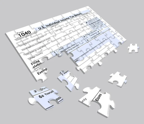 Here is a federal income tax form 1040 that is a jigsaw puzzle as people face the task of putting together a complicated tax return each year. This is an illustration isolated on the background.