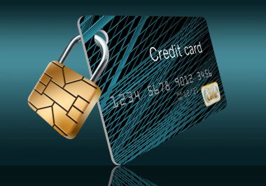 Emv güvenlik çipi kredi kartlarında bir asma kilit güvenlik çipi sağlar temsil etmek için bu sahte kredi kartı açık olduğundan.