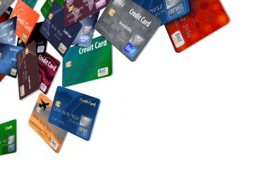 A large number of mock, generic credit and debit cards are seen floating and flying across the page isolated on the background in this illustration. clipart