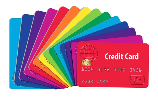 Here are generic credit cards in a spectrum of colors. The cards are lined up to create a rainbow of color. This is an illustration.