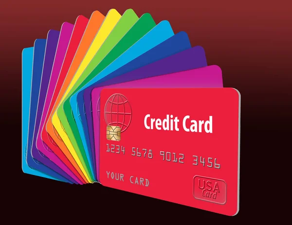ここでは 一般的なクレジット カードの色のスペクトル 色の虹を作成するカードが並んでいます イラストです — ストック写真