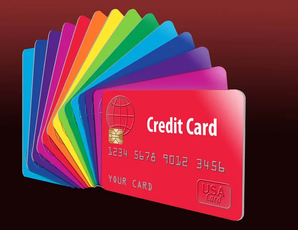 Here are generic credit cards in a spectrum of colors. The cards are lined up to create a rainbow of color. This is an illustration.