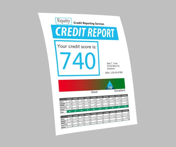 This illustration is of a mock credit report. The score on the report is 740 and generic logos etc. make if safe for publication.