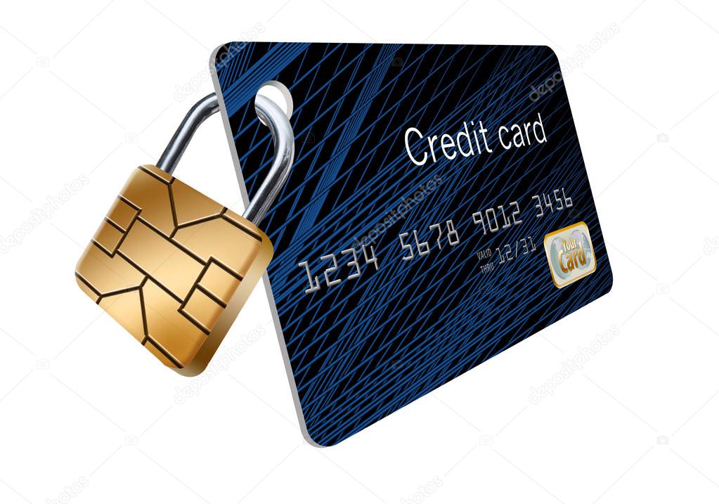 The EMV security chip on credit cards is turned into a padlock on this mock credit card to represent the security the chip provides.