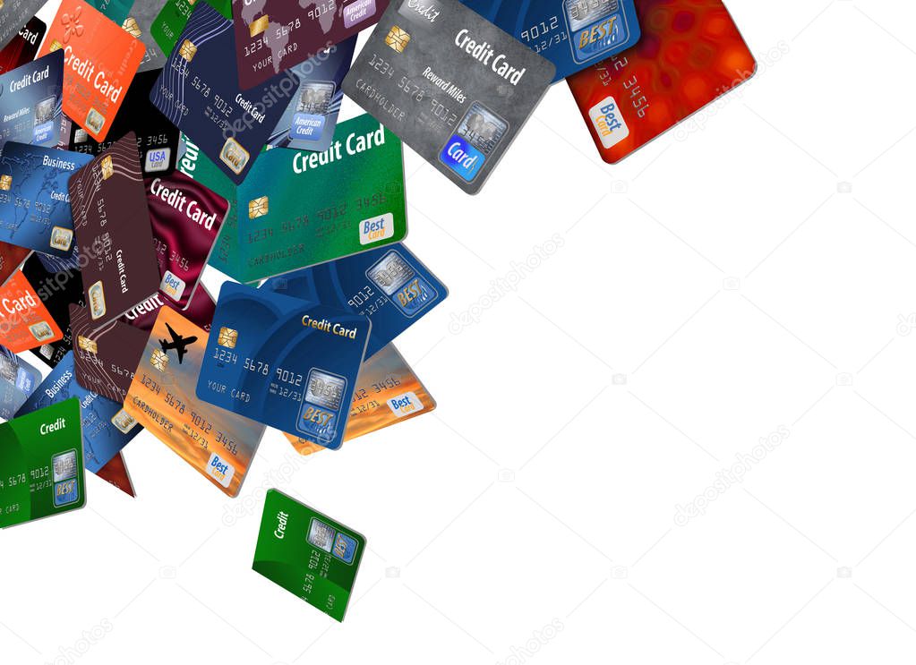 A large number of mock, generic credit and debit cards are seen floating and flying across the page isolated on the background in this illustration.