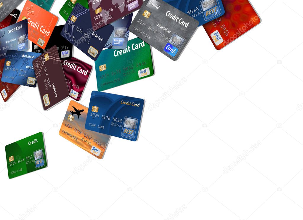 A large number of mock, generic credit and debit cards are seen floating and flying across the page isolated on the background in this illustration.