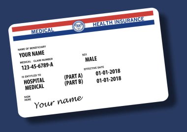 Bu sahte, genel ABD hükümeti Medicare sağlık sigortası kartı ilişkindir. Arka plan üzerinde izole.