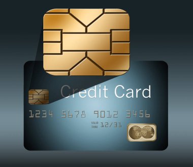 İşte çip bakmak yakından vermek için bir kredi kartı arka çıkan bir Emv güvenlik yongası, şemayı göster.