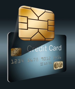 İşte çip bakmak yakından vermek için bir kredi kartı arka çıkan bir Emv güvenlik yongası, şemayı göster.