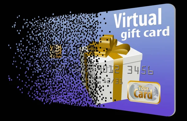 A virtual gift card assimilates from a field of pixels to illustrate the virtual aspect of this type of gift card.