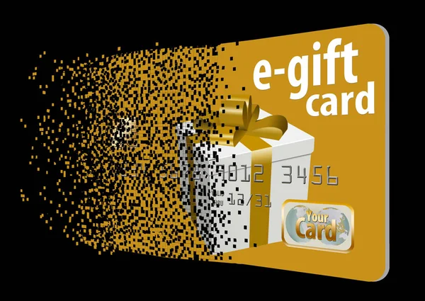 A virtual gift card assimilates from a field of pixels to illustrate the virtual aspect of this type of gift card.