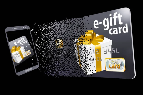 A virtual gift card assimilates from a field of pixels to illustrate the virtual aspect of this type of gift card.