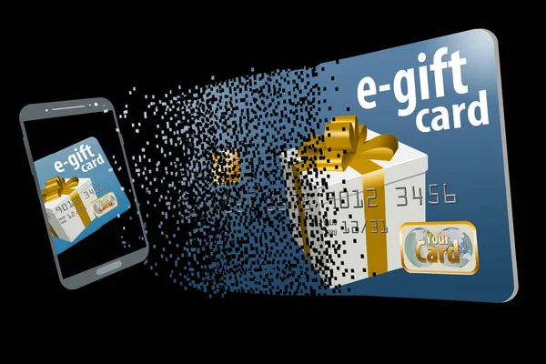 A virtual gift card assimilates from a field of pixels to illustrate the virtual aspect of this type of gift card.