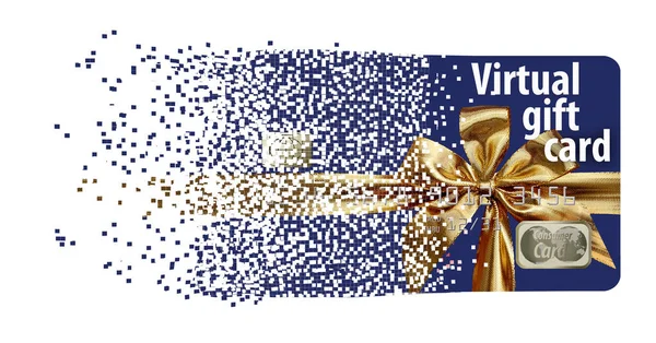 A virtual gift card assimilates from a field of pixels to illustrate the virtual aspect of this type of gift card.