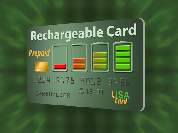 Here is a rechargeable, refillable prepaid credit card. The recharge idea is communicated with a battery charge indicator used as a design on the card. This is a secured credit card.