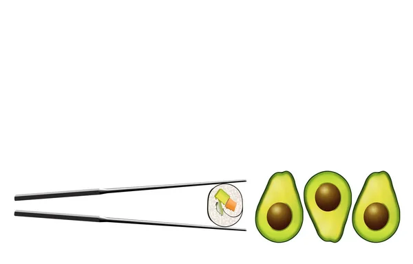 Avocado Helften Met Kuilen Worden Gezien Naast Een Sushi Roll — Stockfoto