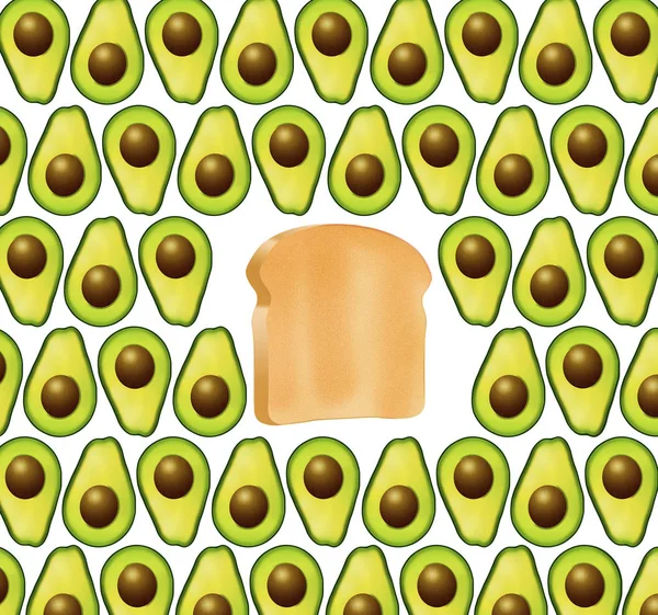 Avocado toast is illustrated here with avocado slices resting on toast.  Avocado is a heart healthy food and is shown isolated on a white background.