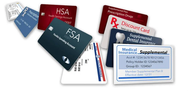 İşte bir örnek dokuz taşıyan sağlık sigorta kartları ile. Bu içerir: Medicare, Medicaid, Hsa, Fsa, Rx indirim, Rx tamamlayıcı, tıp tamamlayıcı, Rx sigorta, diş