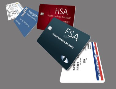 İşte bir örnek beş sağlık ve sigorta kartlarındaki taşıyor. Bu içerir: Medicare, Medicaid, Hsa, Fsa, Rx indirim, Rx tamamlayıcı, tıp tamamlayıcı, Rx sigorta, diş