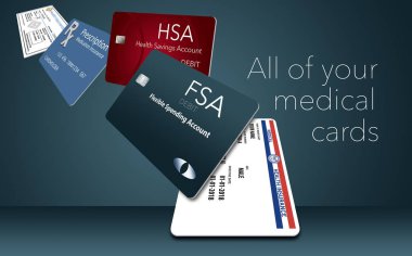 İşte bir örnek beş sağlık ve sigorta kartlarındaki taşıyor. Bu içerir: Medicare, Medicaid, Hsa, Fsa, Rx indirim, Rx tamamlayıcı, tıp tamamlayıcı, Rx sigorta, diş