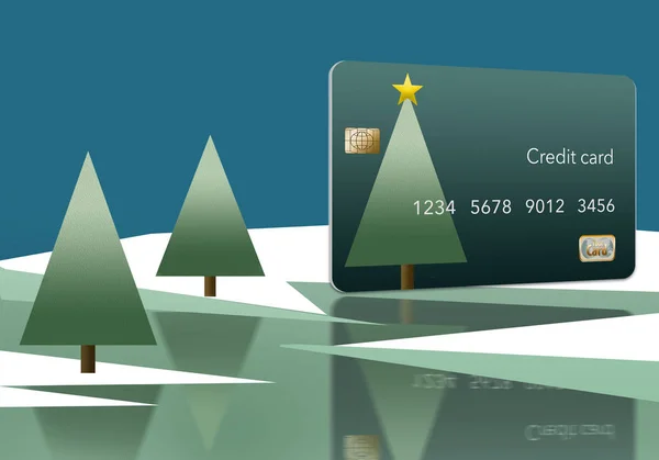 A Christmas themed credit card with a tree topped with a star is seen on snow next to a lake with more similar looking trees growing on the snow covered shoreline. This is an illustration.