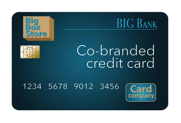 A Co-Branded credit card that is a mock card is shown here. A big box store, a bank and a credit card company teamed up to issue this mock card. It is an illustration.
