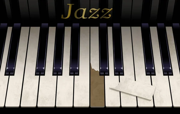 一个旧的爵士钢琴键盘有一个打破的关键从积极的钢琴演奏 钢琴上的会徽上写着爵士在这种近距离的外观 这是一个例子 — 图库照片