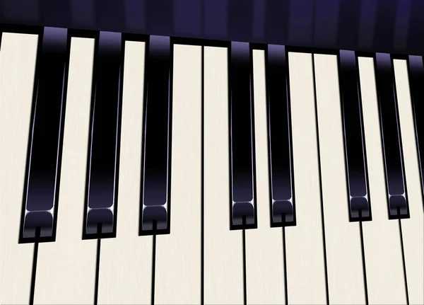 在近距离的视野中可以看到钢琴键盘 在黑暗的琴键中带有蓝色的暗示 这是一个例子 — 图库照片