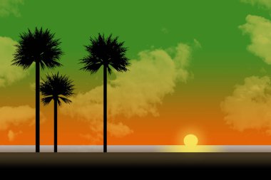 Tropikal bir plaj ve palmiye ağaçları bu renkli resimde tabidir.