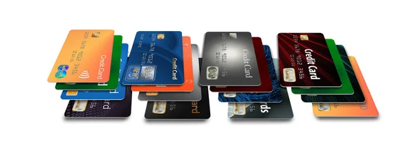 Hier Een Groep Van Zwevende Vliegende Mock Creditcards Een Illustratie — Stockfoto