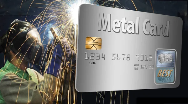 Here is a metal credit card with a welder throwing sparks to show it is made of metal.