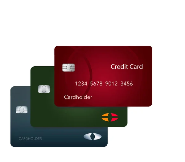在这个三维插图中 三张信用卡投下阴影 说明卡在白色表面盘旋 对普通卡片进行戏剧性的观察 — 图库照片