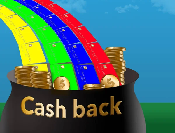 在信用卡购买中获得现金 就像在彩虹的尽头找到一罐黄金 这是一个关于这个主题的例子 — 图库照片
