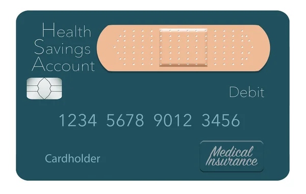 Here is a Health Savings Account medical insurance debit card in a modern design and is decorated with an adhesive bandage to go with the medical spending theme. This is an illustration.