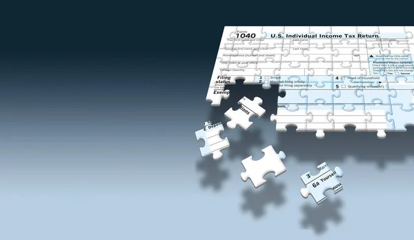 A U.S. Federal 1040 income tax form is seen as a jigsaw puzzle with pieces out of place in this image. This supports the theme of the annual task of piecing together financial information to complete tax filing. This is an illustration.