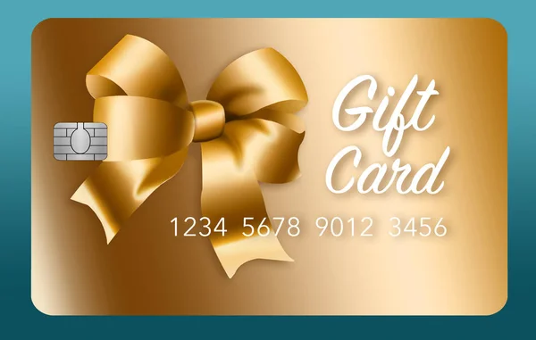 Here is a gold prepaid gift card with a bow made of golden ribbon. This is an illustration.