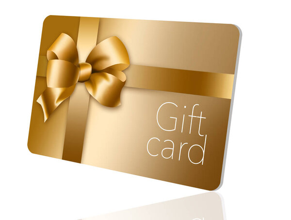 A gold gift card with a gold bow and ribbon is pictured here isolated on the background. This is an illustration.