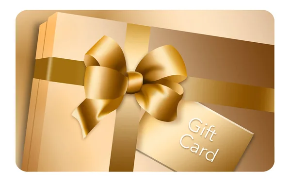 Here is a gift card with a gift box design that includes a gold bow and ribbon. This is an illustration.