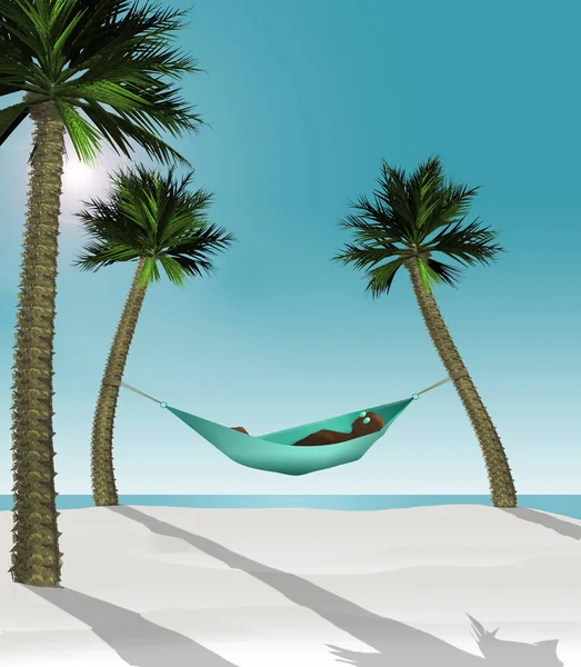 Ось Тривимірна Ілюстрація Чоловіка Лежить Гамаку Між Двома Маленькими Пальмами — стокове фото